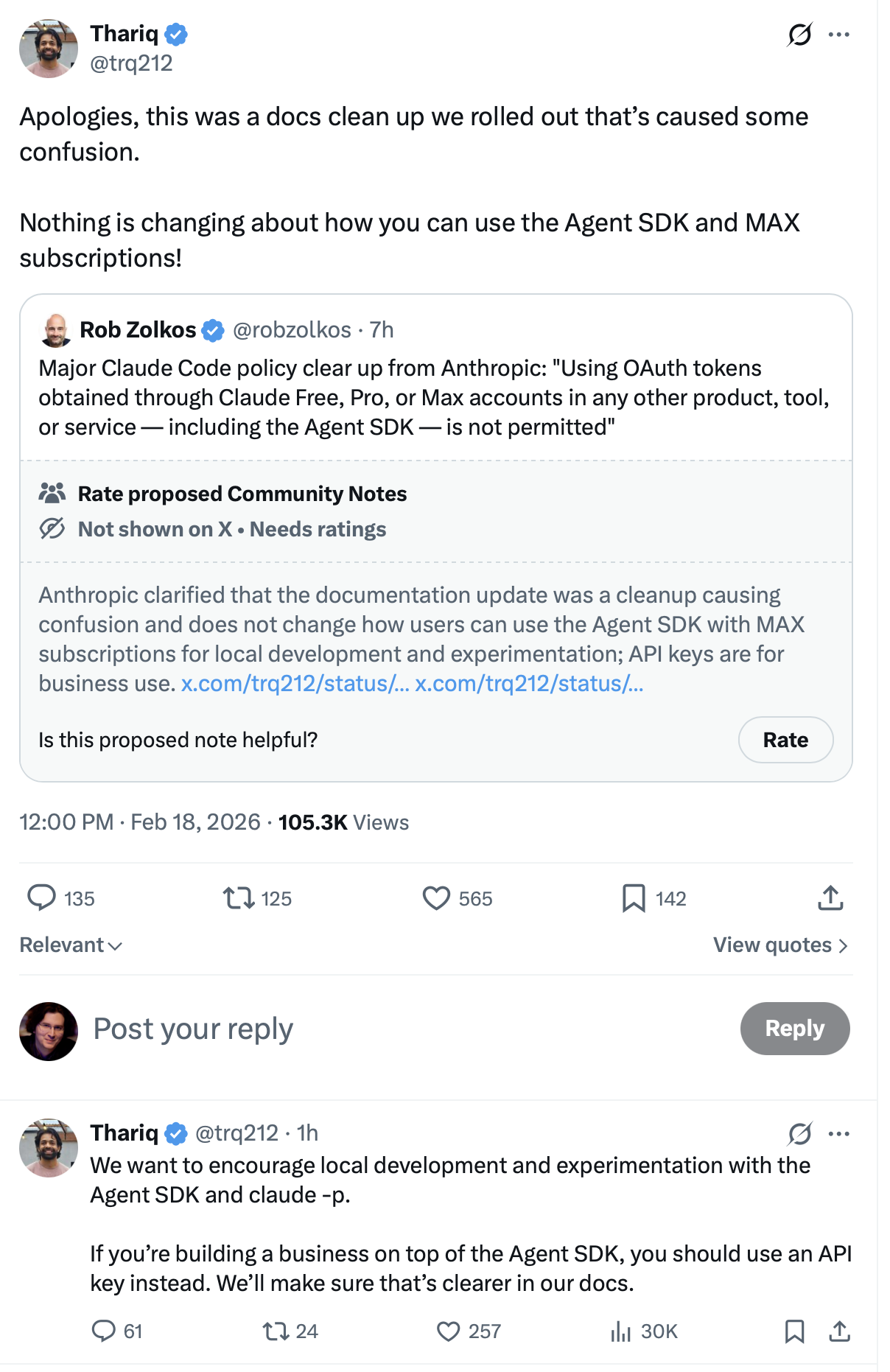 Thariq Shihipar clarifying Anthropic's stance on the Claude Code OAuth policy update